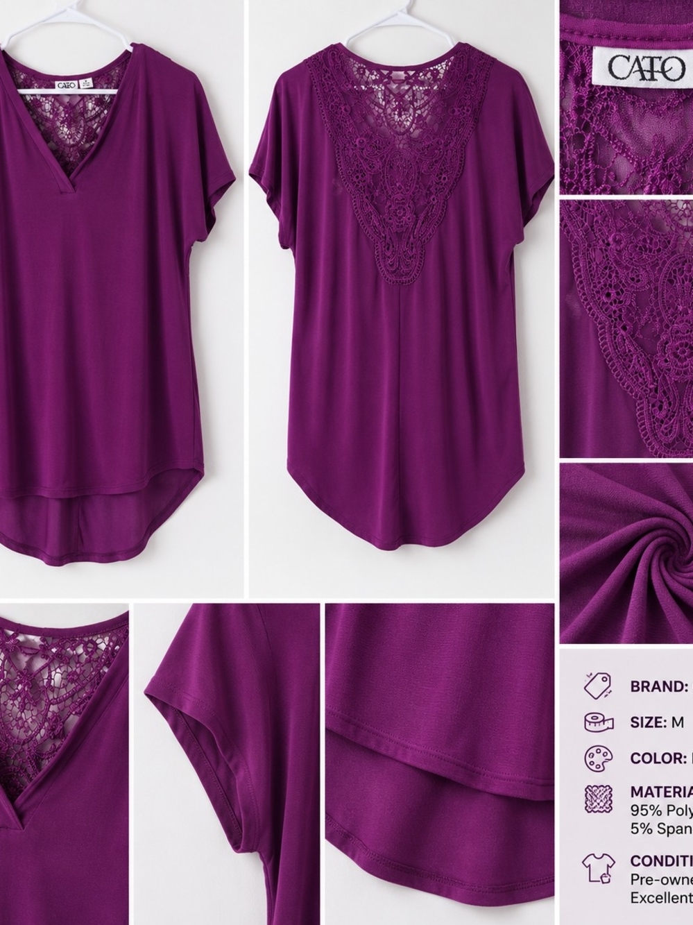 Cato Deep Purple V-Neck Tunic with Lace Back